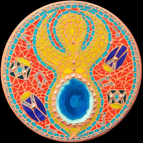 Rossana Reis' Deusx 6, a brightly colored circular mosaic of a figure with a blue belly surrounded by drums.