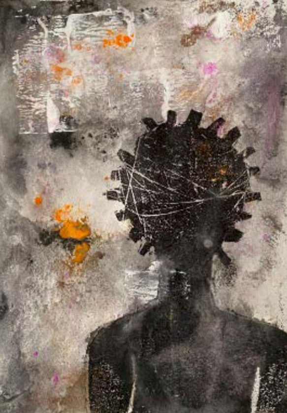 Sean-Michael Gettys' Gel Print Explorations, a monoprint with a watery grey and white background.