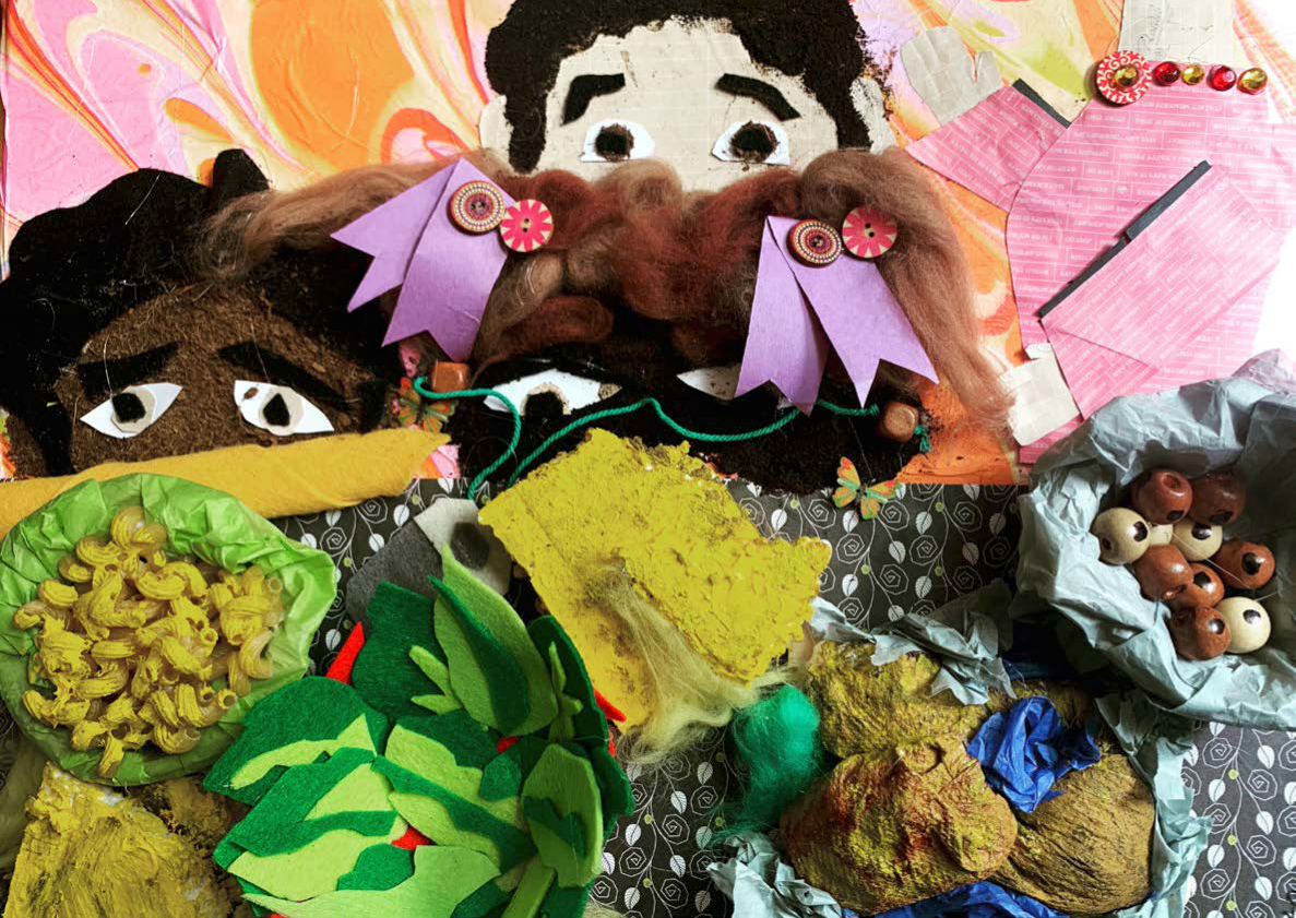 Photograph of Takiyah Harris' mixed media collage, featuring a dinner table scene.